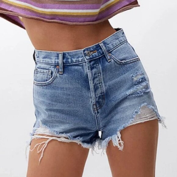 PacSun Vintage High Rise Ripped Denim Festival Shorts, Med Light Wash, Size 29 - Picture 1 of 11